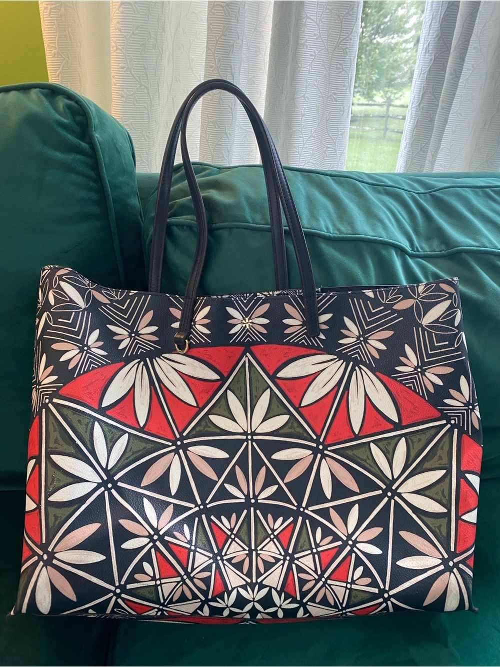 Tory Burch Red, Green Floral Geometric Tote! Perfect fall bag!